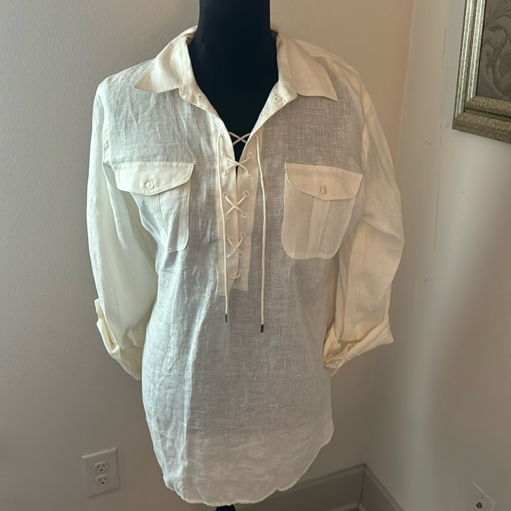 LAUREN Ralph Lauren ivory 100% Linen tunic lace up woman’s shirt Sz L